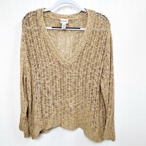 Chico’s Gold Metallic V-Neck Open Knit Sweater Size 3 = Women’s Size XL (16)